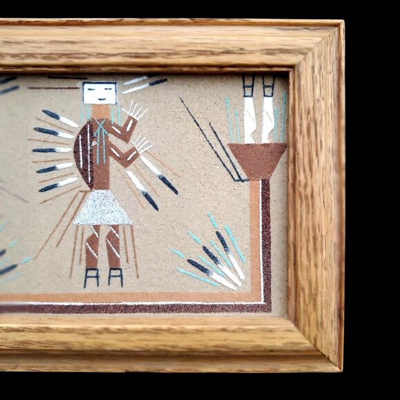 Navajo Sand Art "Rainbow Yei" By Lester Johnson In Oak Frame 7.5" - Picture 4 of 9
